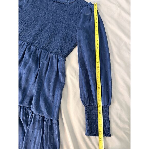 Lulus Blue Smocked Ruffle Long Sleeve Mini Dress XL Swiss Dot Sheer Sleeves - Picture 5 of 12